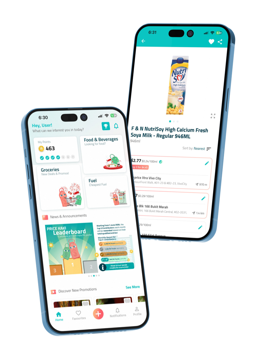 Price Kaki app screens showing the home page and a product price comparison
